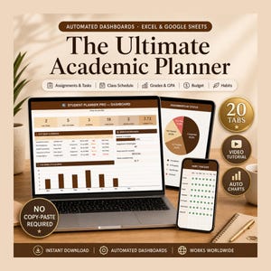 Könnte beinhalten: Ein digitaler akademischer Planer auf einem Laptop, Tablet und Smartphone. Der Bildschirm zeigt automatisierte Dashboards, Aufgabenverfolgung, Noten- und GPA-Rechner sowie Gewohnheitstracker. Der Text enthält "The Ultimate Academic Planner" und "20 TABS".