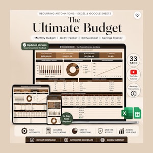 Pode incluir: Um modelo de planilha de orçamento digital para Excel e Google Sheets intitulado The Ultimate Budget. Apresenta um painel principal com gráficos financeiros, rastreador de dívidas, calendário de contas e rastreador de economias em dispositivos.