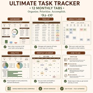 Ultimate Task Tracker Spreadsheet: 12-Month Productivity Planner (Digital Download)