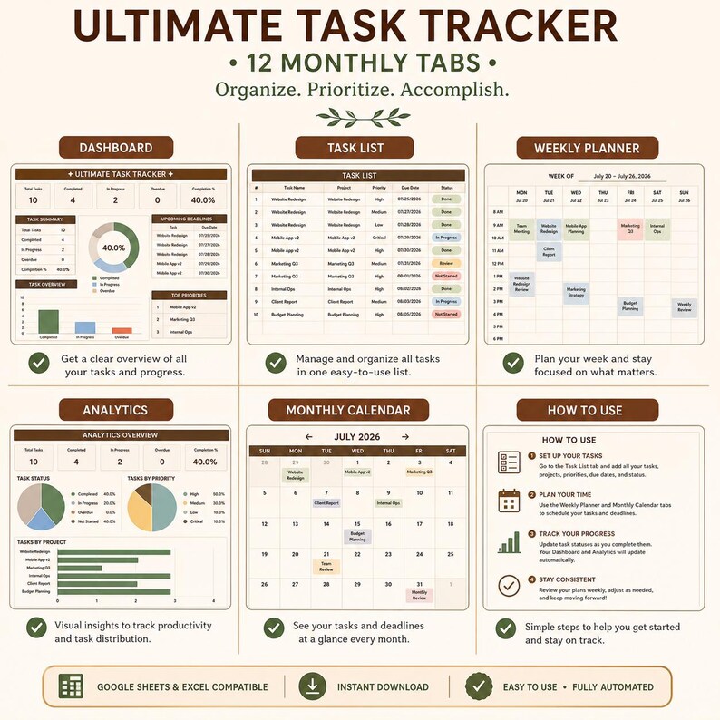 Ultimate Task Tracker Spreadsheet: 12-Month Productivity Planner (Digital Download)
