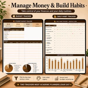 K&ouml;nnte beinhalten: Eine digitale Planeroberfl&auml;che mit einem Studenten-Budget-Tracker und einem t&auml;glichen Gewohnheits-Tracker. Das Layout enth&auml;lt Tabellen f&uuml;r Einnahmequellen, Ausgaben und Konsistenzdiagramme mit dem Text Manage Money & Build Habits.