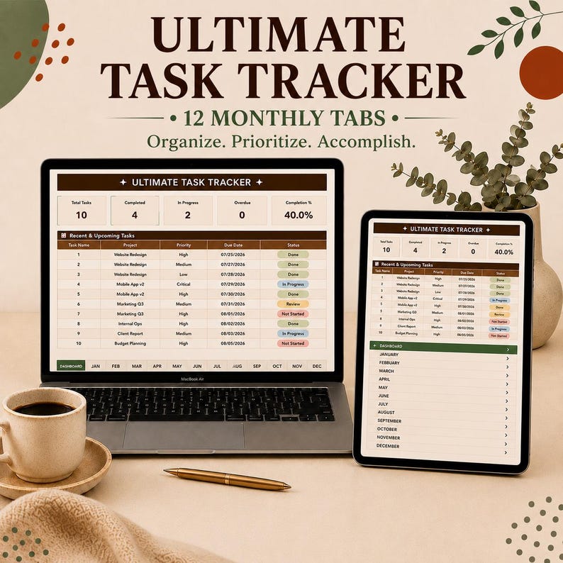 Ultimate Task Tracker Spreadsheet: 12-Month Productivity Planner (Digital Download)