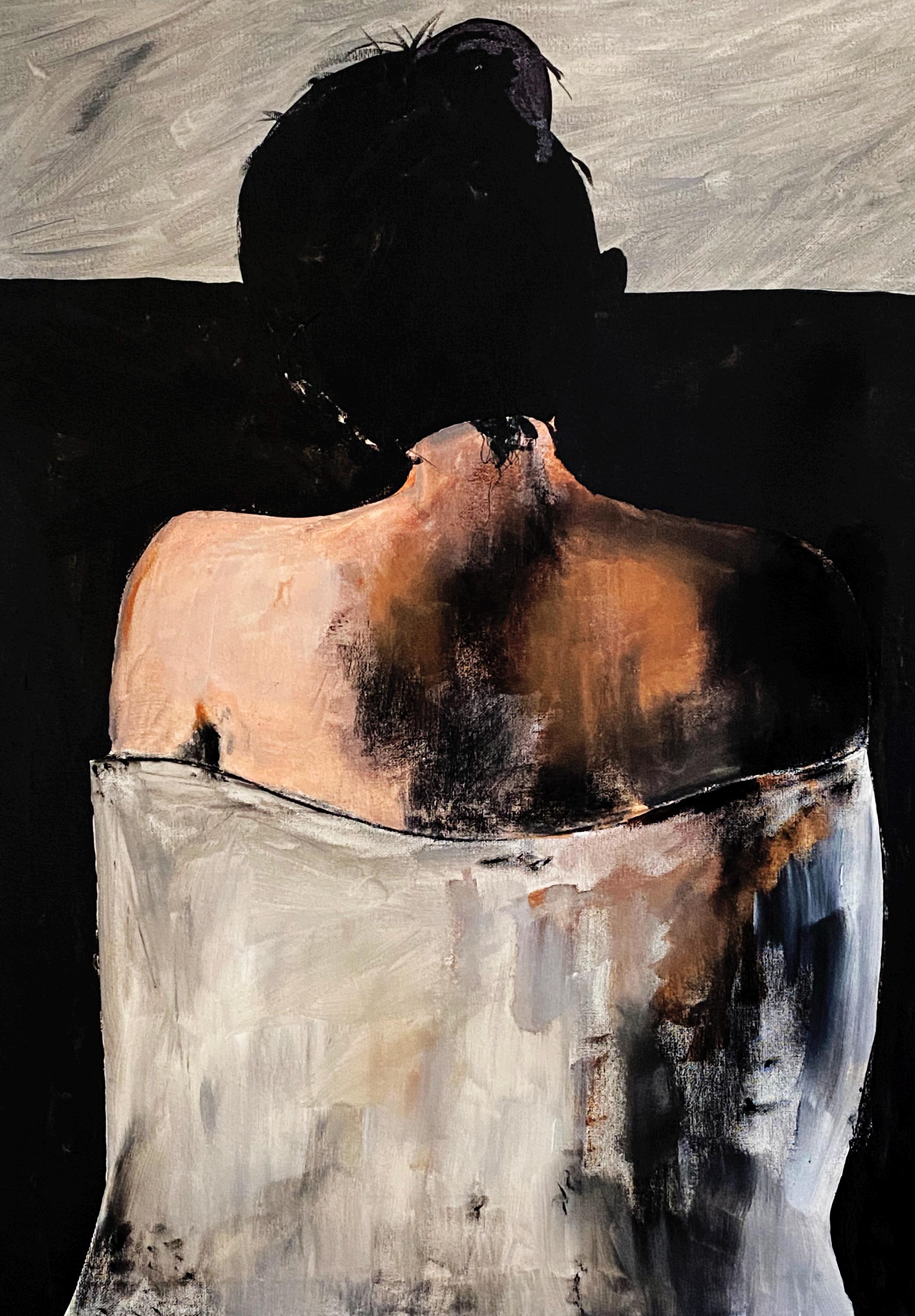 抽象画 女性の横顔 木製フレーム額付き油彩画