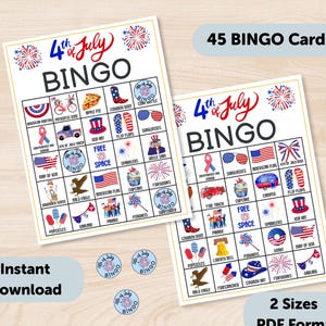 Jeu de bingo imprimable Fête du 4 juillet pour enfants et adultes 45 cartes de bingo patriotiques Téléchargement instantané PDF Jeux de camp d'été