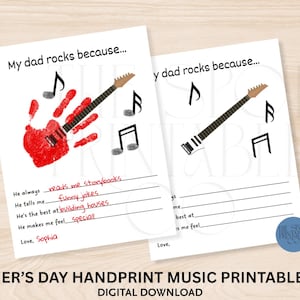Fathers Day Handprint Craft Printable Guitar Art Music Gift from Kids Music Loving Keepsake for Dad My Dad Rocks DIY Activity printing ready