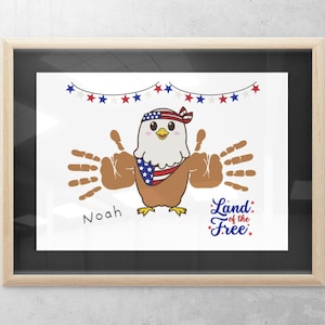 Activité d'empreinte de main du 4 juillet pour les enfants Art patriotique imprimable DIY Camp souvenir 2025 Artisanat d'empreinte de main Jour de l'indépendance pygargue à tête blanche américain
