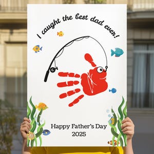 Impression d'art papa poisson Handprint | carte d'anniversaire de pêche de papa | Artisanat d'empreintes de main pour enfants avec canne à pêche | Cadeau papa | Bonne fête des pères, pêche 2025