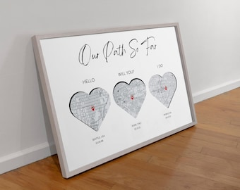 Personalized Love Story Map Art: Met, Engaged, Married (Digital Download)