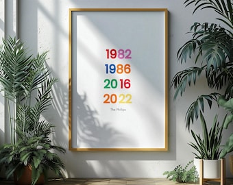 May include: A framed print with a white background and colorful text. The text reads "1982", "1986", "2016", "2022", and "The Phillips".