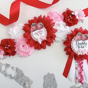 Strawberry Baby Shower Mommy to Be & Daddy to Be Sash Set – Red Pink Lace Badge Pins, Fruit Theme Gender Reveal Decor