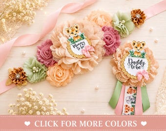 Safari Baby Shower Set: Mommy to Be Sash and Daddy Pin, Jungle Lion Theme