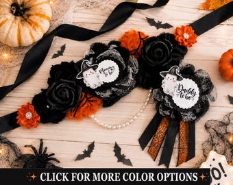 Halloween Baby Shower Sash & Daddy Pin Set – A Boo Is Due / A Baby Is Brewing Mommy To Be Sash, Fall Baby Shower Decor