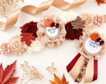 Fall Baby Shower Sash and Pin Set – Mommy to Be Sash & Daddy to Be Pin | Autumn Baby Shower Decorations, Pumpkin Theme, Neutral Fall Colors