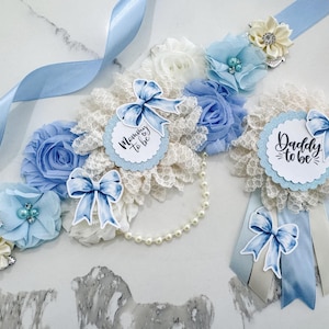 Blue Bow Baby Shower Sash Blue Croquette Bow Baby Shower Gender Reveal Sash for Mom to be Boy Baby Shower Sash