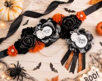 Halloween Baby Shower Sash & Daddy Pin Set - A Boo Is Due / Ein Baby braut Mama, um Sash zu sein, Herbst-Babyparty-Dekor