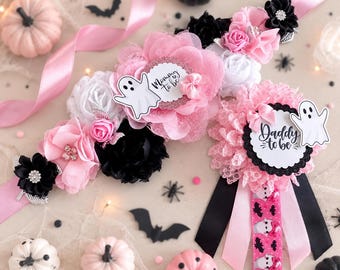 A Boo Is Due Babyparty Schärpe & Papa Pin: Rosa Halloween Geist-Motiv