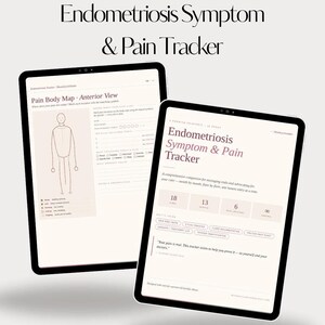 Könnte beinhalten: Zwei digitale Tablets mit einem "Endometriose Symptom & Schmerz Tracker". Ein Tablet zeigt eine Schmerzkörperkarte, das andere Tracker-Details. Der Text "BloomCycle Studio" befindet sich unten.