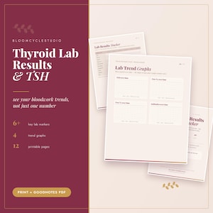May include: A digital thyroid lab results and TSH tracker with printable pages. The maroon and cream layout features text including Thyroid Lab Results & TSH, Lab Trend Graphs, and sections for tracking TSH, Free T4, Free T3, and antibodies over time.