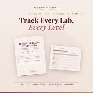 Puede incluir: Un rastreador digital de 12 páginas para resultados de laboratorio de tiroides y TSH, con un diseño limpio en texto granate y beige. El documento incluye secciones para tablas de laboratorio, gráficos de tendencias y notas de preparación.
