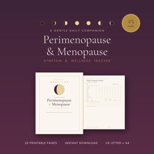 Puede incluir: Un rastreador de síntomas y bienestar para la perimenopausia y la menopausia de 25 páginas imprimibles. La portada presenta un gráfico de fases lunares y el texto A GENTLE DAILY COMPANION PERIMENOPAUSE & MENOPAUSE SYMPTOM & WELLNESS TRACKER. Incluye una página de seguimiento diario.