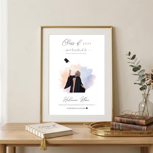 May include: A framed graduation print featuring the text Class of 2025, an illustration of a person in a graduation gown throwing a cap, and the name Haleema Khan with Manchester Metropolitan University. The design includes watercolor accents.