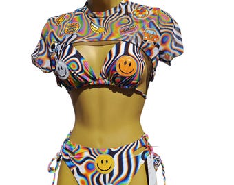 Traje de baño bikini con estampado psicodélico, conjunto de 3 piezas, personalizado, único.