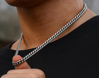 Corrente de aço inoxidável de 3 mm, 6 mm e 8 mm de largura - Gargantilhas de correntes cubanas de prata masculinas/unissex