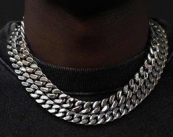 Corrente de elos cubanos de 10 mm, 12 mm e 14 mm - Colar grosso e grosso de aço titânio escuro Miami Cuban Link Chunky Presente para ele Corrente de freio Presente para namorado