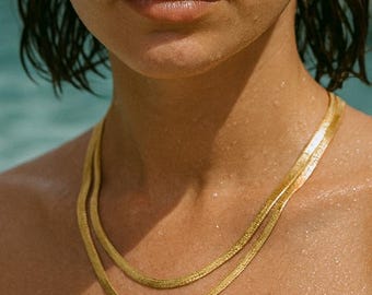 18k Gold Snake Chain Necklace, Dainty Herringbone Chain, Waterproof Layering Necklace, Minimalist Jewelry, Tarnish Free Gift for Her