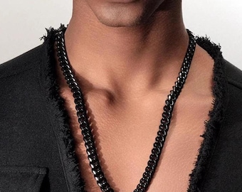 Corrente cubana preta à prova d'água para homens - Corrente minimalista de aço inoxidável de 3 mm, 6 mm e 8 mm de largura, gargantilha masculina/unissex de ônix gótico preto