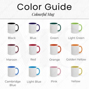 Puede incluir: Guía de colores para tazas coloridas. Cada taza es blanca con el interior y el asa de color. Los colores incluyen negro, azul, verde, verde claro, granate, rojo, naranja, amarillo dorado, azul Cambridge, azul claro, rosa y amarillo.