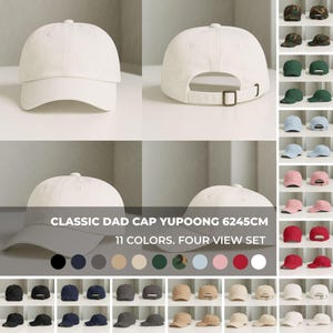 Puede incluir: Una gorra clásica blanca con visera curva. La imagen muestra el sombrero desde múltiples ángulos. El texto en la imagen dice "CLASSIC DAD CAP YUPOONG 6245CM 11 COLORES. FOUR VIEW SET."