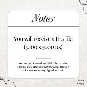 May include: White digital art print with the word "Notes" at the top. The text "You will receive a JPG file (5000 x 5000 px)" is in the center. Below, it states the file cannot be resold or modified.