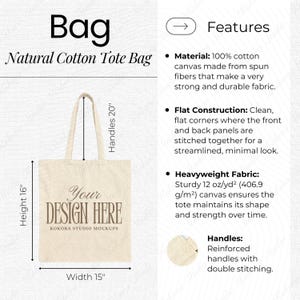 Puede incluir: Bolso tote de algod&oacute;n natural con texto "Your Design Here". El bolso mide 40,6 cm de alto, 38,1 cm de ancho y tiene asas de 50,8 cm. Fabricado en lona de algod&oacute;n 100% resistente con asas de doble costura.