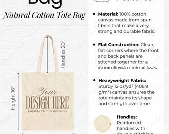 May include: Natural cotton tote bag with "Your Design Here" text. The bag is 16 inches high, 15 inches wide, and has 20-inch handles. Made of heavyweight 100% cotton canvas with double-stitched handles.