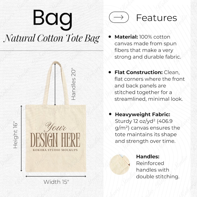 Puede incluir: Bolso tote de algod&oacute;n natural con texto "Your Design Here". El bolso mide 40,6 cm de alto, 38,1 cm de ancho y tiene asas de 50,8 cm. Fabricado en lona de algod&oacute;n 100% resistente con asas de doble costura.