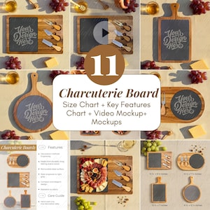 Puede incluir: Varias tablas de charcutería con superficies de pizarra y mangos de madera, acompañadas de cuchillos para queso. La imagen incluye el texto "Your Design Here" y "Charcuterie Board". Se muestran varios tamaños, incluyendo 33 x 23,5 cm y 31,75 x 19 cm.