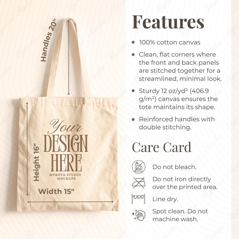 May include: Beige cotton canvas tote bag with "Your Design Here" text. The bag is 16 inches high, 15 inches wide, and has 20-inch handles. Features include double-stitched handles and a sturdy 12 oz/yd&sup2; canvas. Care instructions are also included.