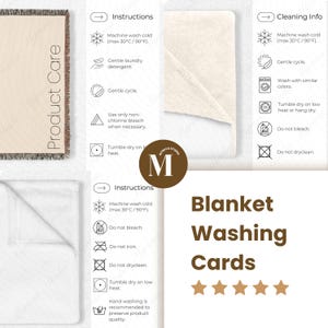 May include: A product care guide with instructions for washing blankets. The guide includes icons and text detailing machine wash instructions, gentle cycle, and tumble dry on low heat. The text "Blanket Washing Cards" is displayed.