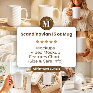 Puede incluir: Una colección de imágenes que muestran una taza escandinava blanca de 425 ml. La taza tiene un diseño sencillo con un asa grande. Las imágenes incluyen la taza en varios entornos, como una caja de regalo y siendo sostenida.