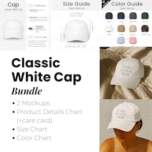 Classic Dad Cap Mockup Bundle White Cap Mockup Bundle Yupoong 6245CM Dad Hat Mockups Color Chart Size Chart Product Details Baseball Cap pod