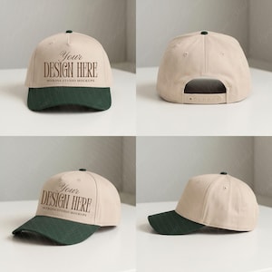 Puede incluir: Una gorra de béisbol beige con visera verde oscuro, que presenta el texto "Your DESIGN HERE" y "MYROVA STUDIO MOCKUPS" en el panel frontal. La gorra incluye un botón verde oscuro en la parte superior, ojales de ventilación y cierre ajustable.