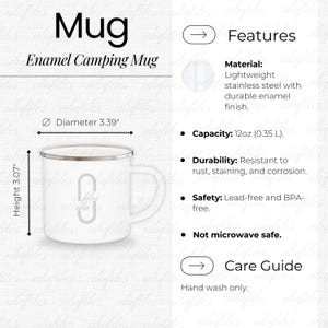 Camping Mug Size Chart Enamel Camping Mug Product Details Camping Mug Key Features Camping Mug Sizing Guide Camping Mug Mockup Care Card pod