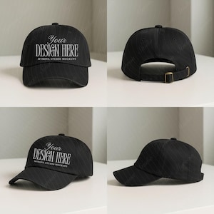 Puede incluir: Gorra de béisbol negra con visera curva y correa ajustable. La gorra presenta el texto "Your Design Here" en blanco, con "Myrova Studio Mockups" debajo. La gorra tiene un sutil patrón de rayas.