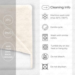 Puede incluir: Una tela crema doblada con los textos "JPG", "PNG" y "ADD YOUR OWN BACKGROUND". Las instrucciones de limpieza incluyen lavar a máquina en frío (máx. 30°C), ciclo suave, lavar con colores similares, secar en secadora a baja temperatura, no usar lejía y no limpiar en seco.