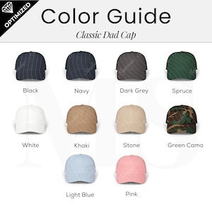 Può includere: Guida ai colori per classici cappellini da baseball. L'immagine mostra cappellini neri, blu navy, grigio scuro, abete, bianchi, kaki, pietra, verde mimetico, azzurro e rosa. Il testo dice 'Color Guide'.