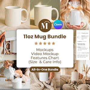 Puede incluir: Un conjunto de tazas de cerámica blanca de 325 ml con un acabado brillante. La imagen incluye múltiples maquetas, una maqueta de vídeo y una tabla de características con información sobre tamaño y cuidado. Las tazas son aptas para microondas y lavavajillas.