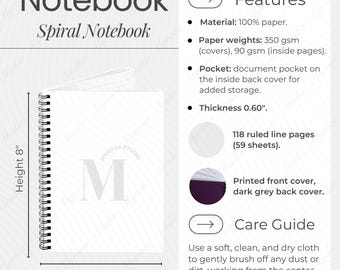 Spiral Notebook Size Chart Spiral Notebook Mockup Notebook Care Instructions Spiral Notebook Product Details Key Features Printify Journal