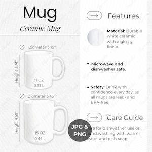May include: Two white ceramic mugs with handles, one 3.74 inches tall and 3.15 inches in diameter, the other 4.61 inches tall and 3.43 inches in diameter. The mugs are microwave and dishwasher safe, lead- and BPA-free.