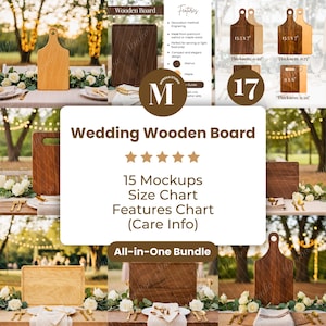 Puede incluir: Una colección de tablas de madera de varias formas y tamaños, incluyendo tablas de cortar y tablas de servir. Las tablas se muestran en una mesa con flores blancas y cubiertos dorados. La imagen incluye el texto "Wedding Wooden Board".